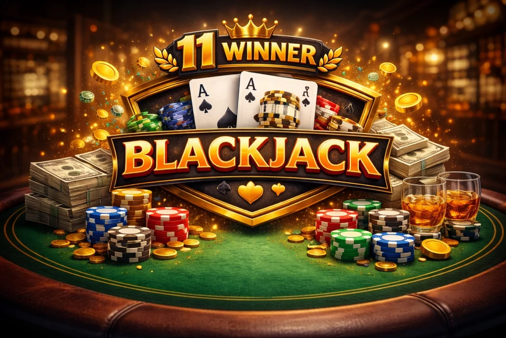 alt="11 Winner Blackjack banner with luxury casino table, playing cards, chips and golden coins in premium gaming atmosphere"