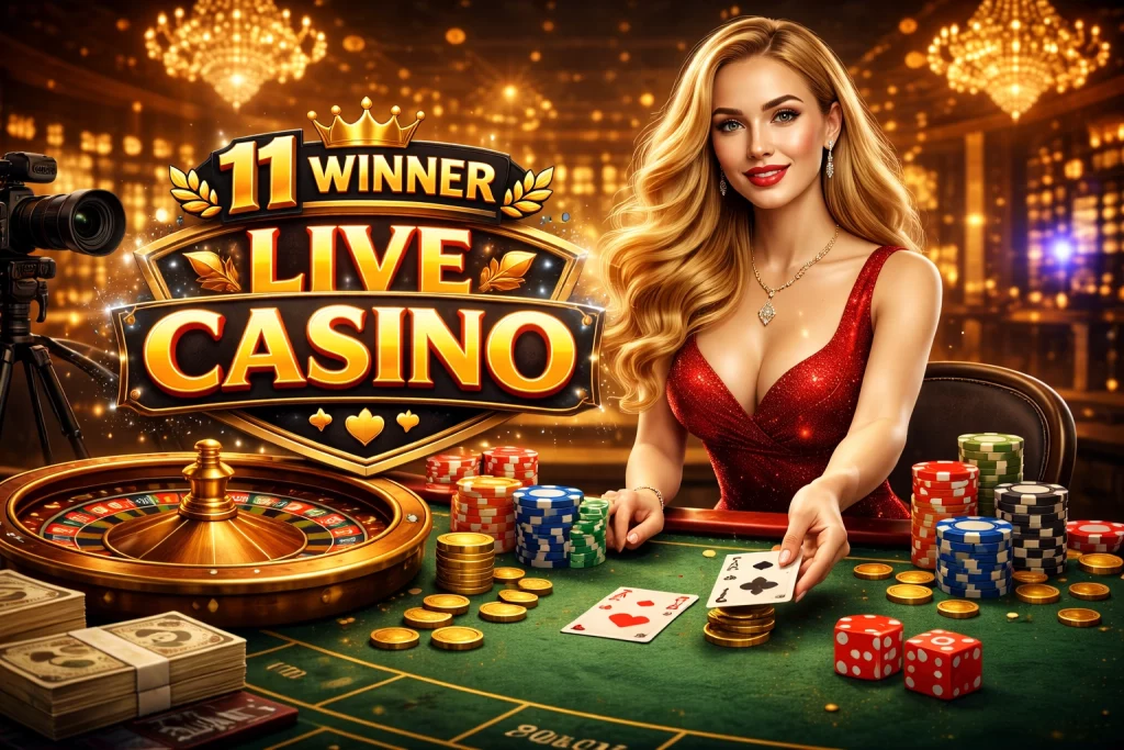 alt="11 Winner Live Casino banner with professional dealer, roulette table, casino chips and luxury studio atmosphere"